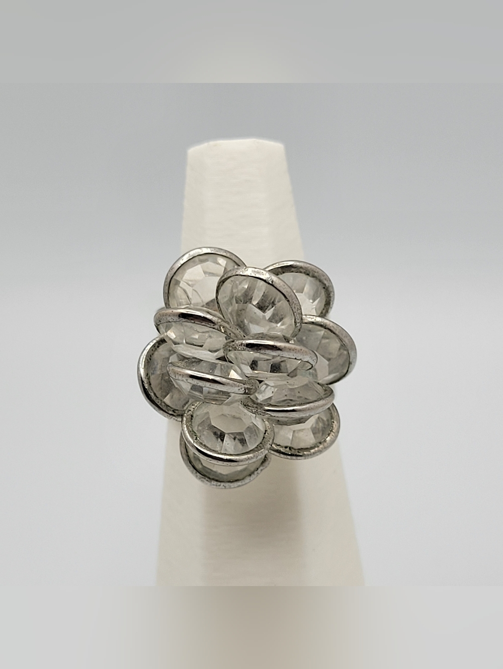 Clear Crystal Flower Statement Ring - Silver Tone
